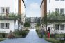 A digital rendering of Stone Avenue Townhomes, a townhome and mid-rise multifamily development in Seattle, Washington. This view shows a courtyard path with people meeting in front of townhomes.