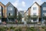 A digital rendering of Stone Avenue Townhomes, a townhome and mid-rise multifamily development in Seattle, Washington. Here, a verdant green space along the walking trail, with townhomes behind.