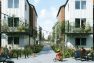 A digital rendering of Stone Avenue Townhomes, a townhome and mid-rise multifamily development in Seattle, Washington. This view shows a central courtyard and walkway with residents sitting on benches and a child riding their bike.