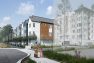 A digital rendering of Stone Avenue Townhomes, a townhome and mid-rise multifamily development in Seattle, Washington. A family walks along the Stone Ave walking path. Townhomes are in the background. The nearest building is transparent in the view to illustrate the view into the development.