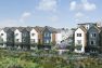 A digital rendering of Stone Avenue Townhomes, a townhome and mid-rise multifamily development in Seattle, Washington. There are blue and white townhomes in the background with accents of wood and gable roofs. In the foreground is a pedestrian path and a greenway full of flowers and plants.